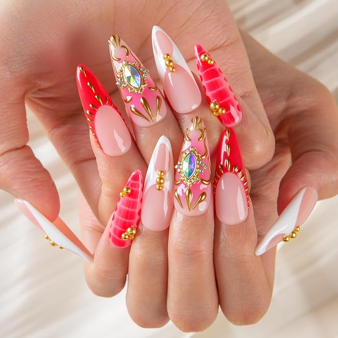 LOVFUL Short French Tip Press on Nails Royal Flame | Handmade Acrylic Press ons| Reusable Fake False Nails | Stiletto Classic Regular 1.3in | H703-M