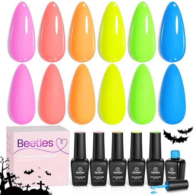 Beetles Valentines Gel Nail Polish Set, Bright Rainbow Collection 6 Colors Hot Pink Blue Yellow Green, Soak Off UV LED Neon Gel Nail Polish Kit Spring Nails - Gift for Women