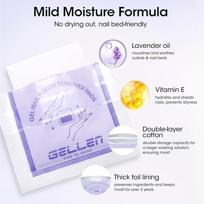 Gellen Nail Polish Remover Pads 100% Non Acetone, 100 Pack of Individually Wrapped Bulk Set Gel Nail Polish Remover Wipes, Skin-Care Formula, Travel Kit for Home & Professional Removal