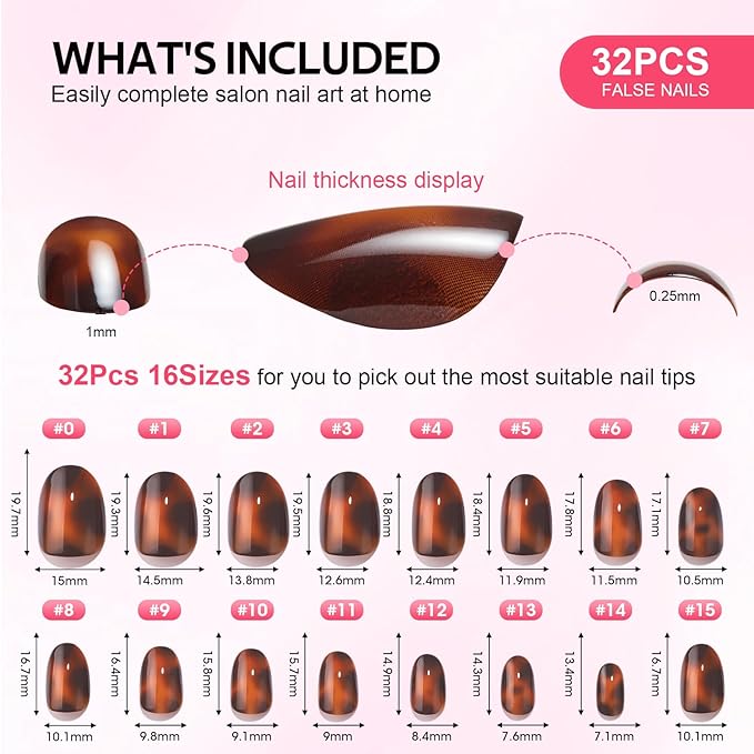 Press on Nails - Findigit Press on Nail Short, Natural Reusable Stick On Nails,Supremely Fit Soft Gel Fake Nail in 16 Sizes - 32 PCS Glue On Nail Kit, Amber