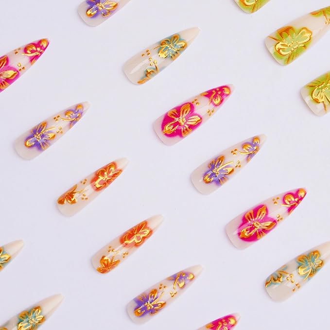 MISUD Press on Nails - Long Stiletto Fake Nails with Gold Chrome, Acrylic Colorful Flower Design 24 pcs