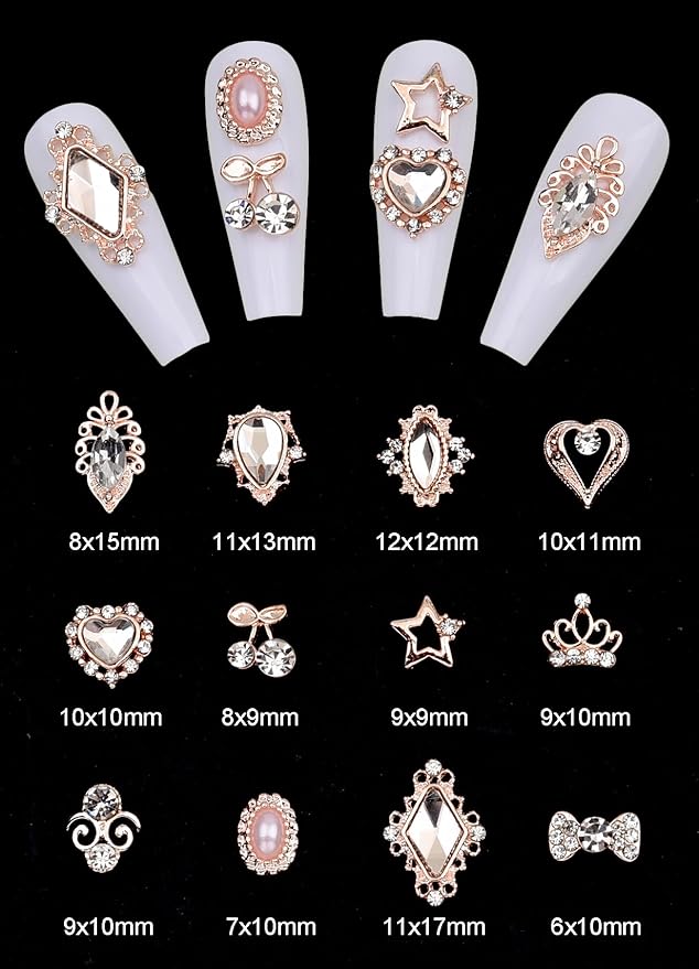 120pcs Rose Gold Nail Rhinestone Charms 3d Heart Gems Alloy Nail Art Jewelry Star Crown Crystal Rhinestone Nail Studs Shining Cherry Stone Jewels for Y2k Women Girl Acrylic Nails Design DIY Crafts Set