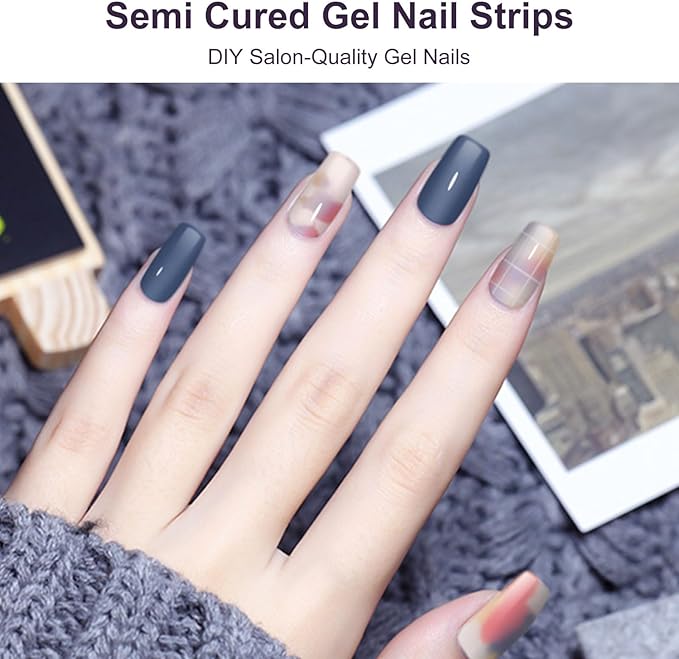 Semi Cured Gel Nail Strips,28 pcs Street Color Gel Nail Stickers with UV Light Required,Long Lasting Nail Art Stickers, Easy to Apply（Cream Blue）