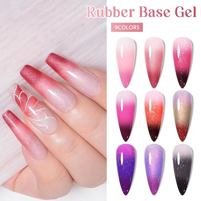 MEET ACROSS Color Changing Builder Nail Gel of 12 Temperature Shiny Changing Colors Rubber Base Gel Polish Including Pink Purple Orange Mood Changing Gel Manicure Kit for Nail Art Home DIY