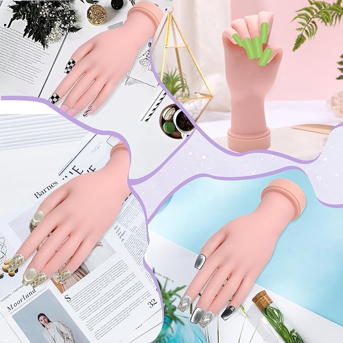 Practice Hand for Acrylic Nails, Nail Practice Hand with 100 Pcs Nail Tips 120 Pcs Double-side Jelly Glue Stickers Bendable Fake Hand Mannequin Hand for Nail Practice Manicure Beginners