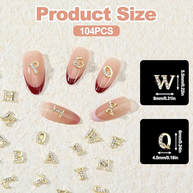 104 Pcs Rhinestone Letters Nail Charms, A-Z Alphabet 3D Nail Studs, Gold Silver Style Nail Art Charms for Manicure Decorations DIY Jewelry Making Supplies