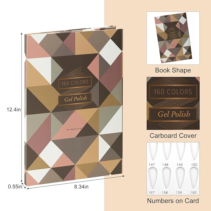 160 Nail Color Book,with 240 Flase Tips & 1-200 Number Sticker Labels,Professional Nail Color Swatches Book for Polish UV Gel(Brown)
