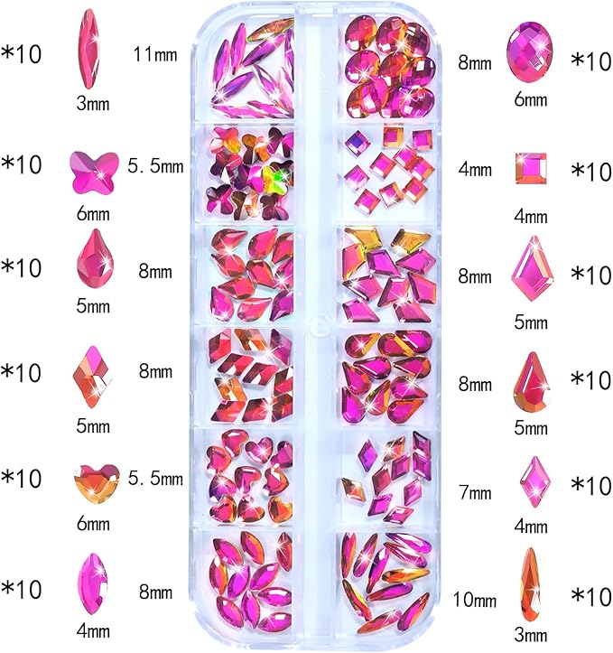 Nail Rhinestones - 3D Multi Shape Size, Flat Back, Crystals Manicure Rhinestones Charms, Colorful Red Nail Gems, with Kit, for Nail Art, Bedazzling Acrylic Nails, DIY Decor