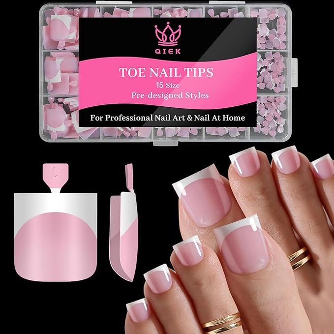 Toe Nails Press On French Tips for Women, 15 Sizes 150 Pcs Sharp Square Pre-applied Primer & Base Coat Toenail Press Ons Baby Pink Full Cover Fake Tips Extension, Builder Nail Gel & Top Coat Required