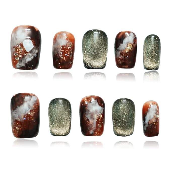 Dark Green Cat Eye Short Press On Nails Coffin, Watercolor Marble Ombre with Amber Glitter, Handmade 3D Fake Nails for Spring Summer, Party & Vacation (Medieval Fantasy,S)