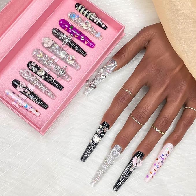 2025 Long Novel Design Reusable 100% Handmade PMMA Acrylic Press On Nails Kit with Box Gift for Women (Multicolor, M)