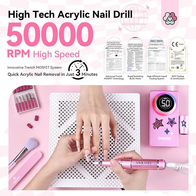 SAVILAND 50000RPM Professional Nail Drill: Rechargeable Electric Nail File 6000mAh Battery Nail Filer Electric for Manicure Pedicure Shaping & Acrylic Removal Salon Use Drill para Uñas Profesional