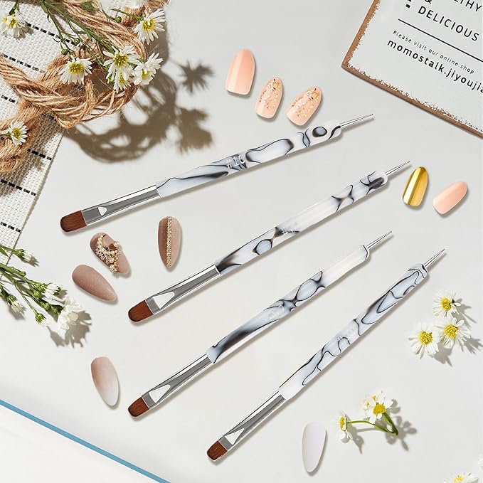 4-Pack Nail Art Brushes Kit - 4 Sizes Double-Ended Dotting Pens & Nail Brush for Gel Polish, Drawing, Dotting and Detailing - Professional Nail Art Tools Paint Brushes & Pens Set