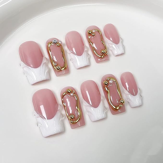 Handmade Press on Nails Medium Square Fake Nails White French Tip Nails Press Ons with 3D Swirl Design Reusable False Nails Luxury Full Cover Stick on Nail for Women Manicure 10Pcs (Size M)