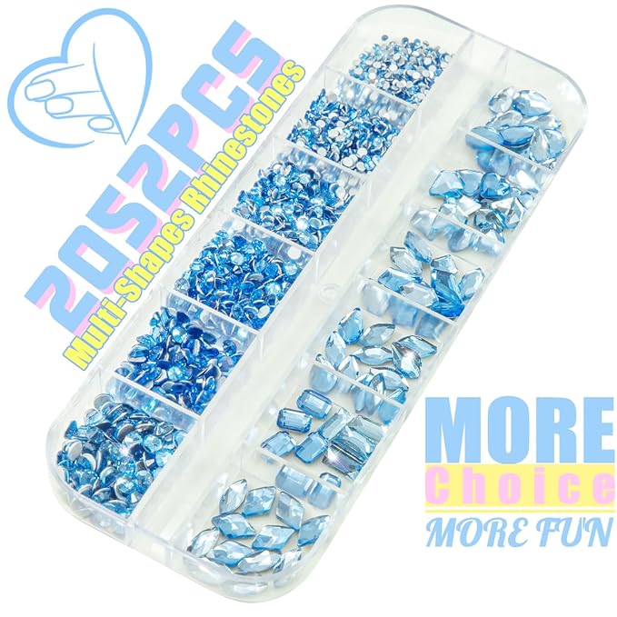 2052Pcs Light Blue Nail Rhinestones Baby Blue Big Gems 72 Multi Shapes K9 Glass Diamonds Flatback Round Beads Stones Crystals Jewels Nail Art Charms for Nails Faces Eyes Makeup Tumblers Crafts