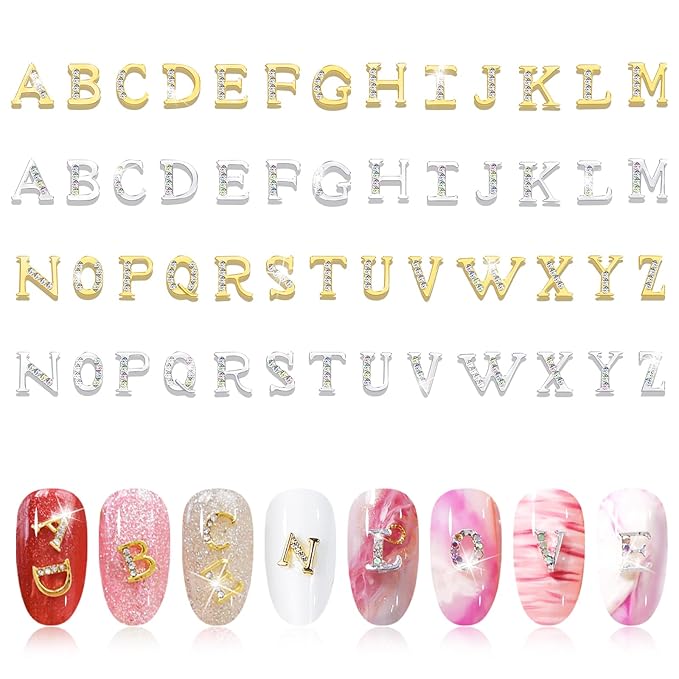 Kalolary 52Pcs Gold Silver 3D Capital Rhinetone Nail Letter English Alphabet Stud Charm DIY Manicure Jewelry Making Crafts Decoration for Women Girls