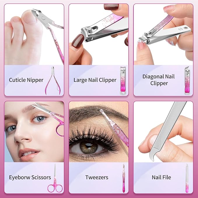 Nail Clippers Set Fingernail and Toenail Clipper Cutters, Professional Manicure Pedicure Kit 18Pcs, Nail Care Grooming Tools with Luxurious Travel Case (Diamond Rose)