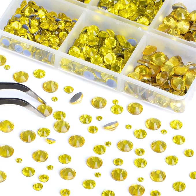 Bymitel Hotfix Crystal Rhinestones Round Gems for Crafts,Mixed 6 Sizes with Wax Pencil Kit, Citrine 1.6-6.3mm SS4-SS30/8000pcs