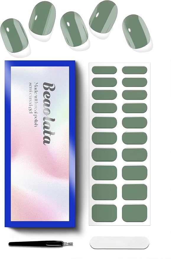 Semi Cured Gel Nail Strips - UV Light Gel Nail Stickers - 20 Long Lasting Salon Quality Wraps (Sage Green)
