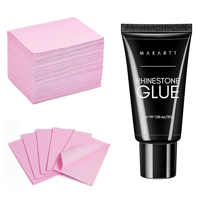 Makartt Nail Rhinestone Glue for Nails Bundle with Disposable Nail Mats, 50Pcs Pink Fordable Nail Paper Towels for Table Acrylic Nail Practice Sheet