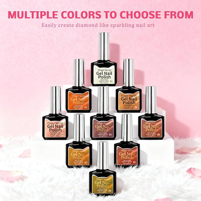 Gel Nail Polish Set, Cat Eye Gel Polish Kit, Holographic Reflective Magnetic Shimmer Nude Neutral Tortoise Terracotta Brown Orange Gel, Manicure Salon DIY, Soak Off, UV/LED Cured (9 Colors B)