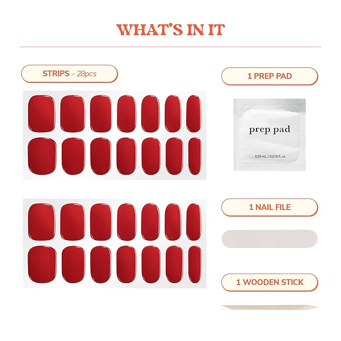 Heyhae Semi Cured Gel Nail Strips | No LED Lamp Needed | Solid, Red | Easy Apply & Remove, Salon Quality | Includes 28 Strips, 1 Prep Pads, Nail File & Wooden stick - Hey, Cherry on Top