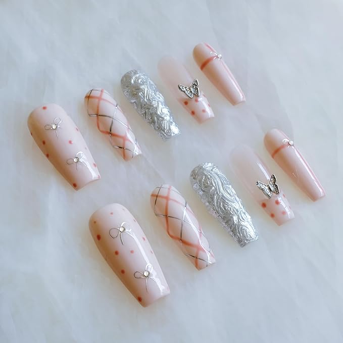 Press-on Nails, Long Ballerina Style, Pink with 3D Silver Butterfly and Bow Design, Handmade False Nail 10 Pieces (Small, LB)