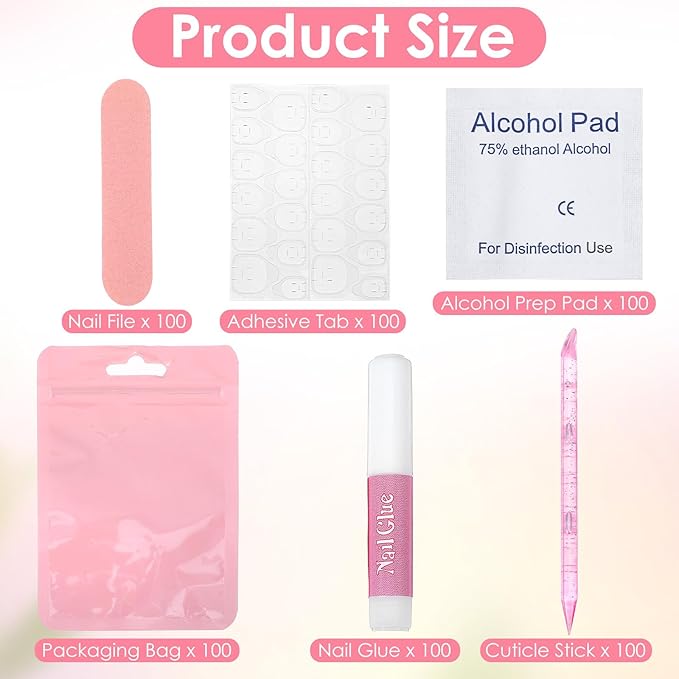 100 Pcs Pink Press On Nail Tool Kit for Business - Prep Application Disposable Kit with File, Glue, Prep Pads, Adhesive Tabs, Wood Stick, Holographic Bag