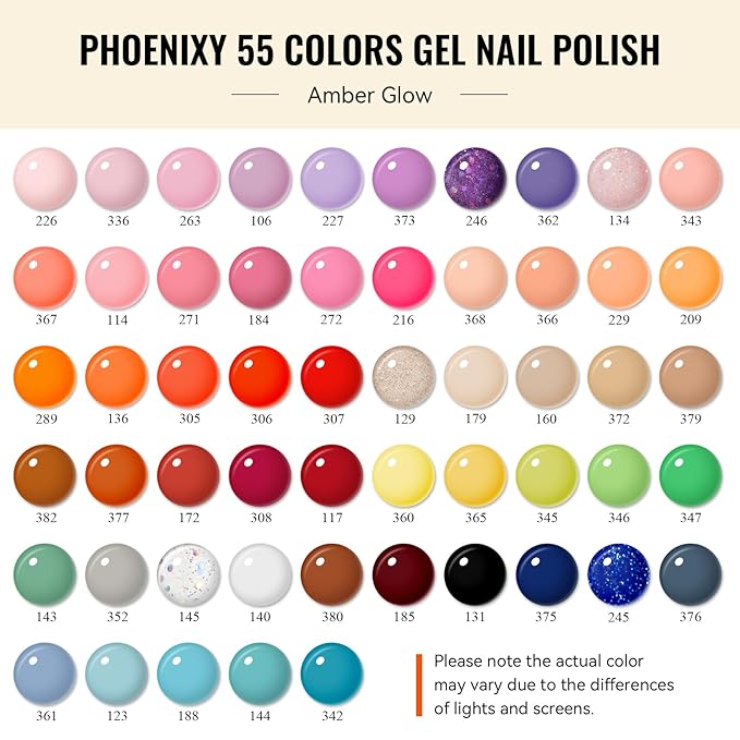 phoenixy Gel Nail Polish Kit with U V Light 74 Pcs Gel Nail Kit 55 Colors Nail Polish Set Complete Nail Set with Base Coat & 4 Effects Top Coat Manicure Tools Christmas Gift for Women
