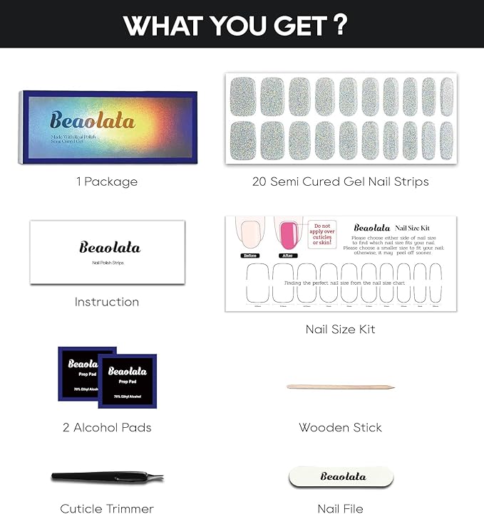Semi Cured Gel Nail Strips - UV Light Gel Nail Stickers - 20 Long Lasting Salon Quality Wraps (Silver Queen of Frosting)