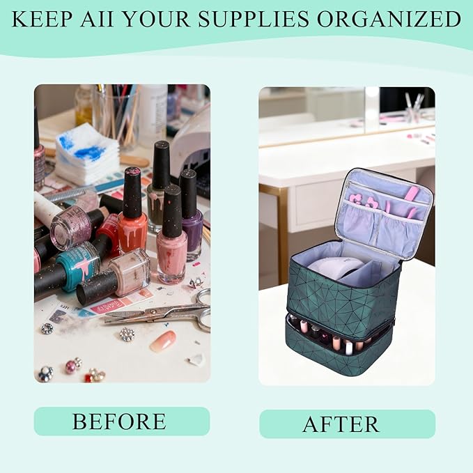 PU Leather Nail Polish Organizer, Double Layer Nail Polish Storage Holds 30 Bottles (15ml/0.5fl.oz) & Nail Lamp, Portable Nail Bag Organizer Case for Nail Tech Travel & Manicure Kit