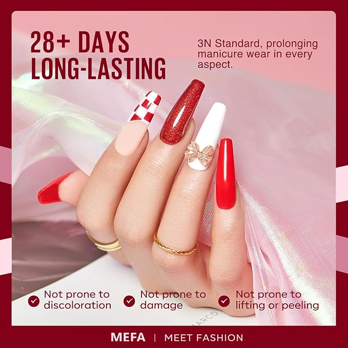 MEFA Gel Nail Polish Set, 12 Colors Burgundy Red Gel Polish Set Shimmering Red Pink Glitter Nail Polish Soak Off Rosy red Nude Gifts for Women Girl DIY Salon Home Manicure