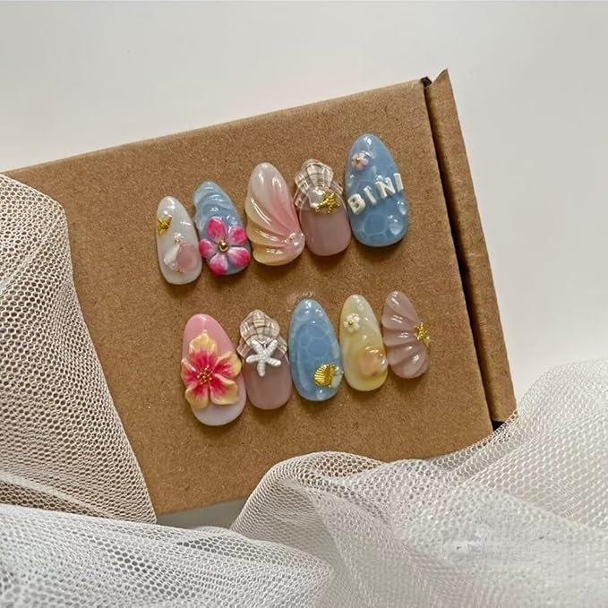Press On Nails - Medium Almond Handmade Unique Fake Nails, Artistic Design, Thick Acrylic and Muti-Layer Gel False Nails (Size M)