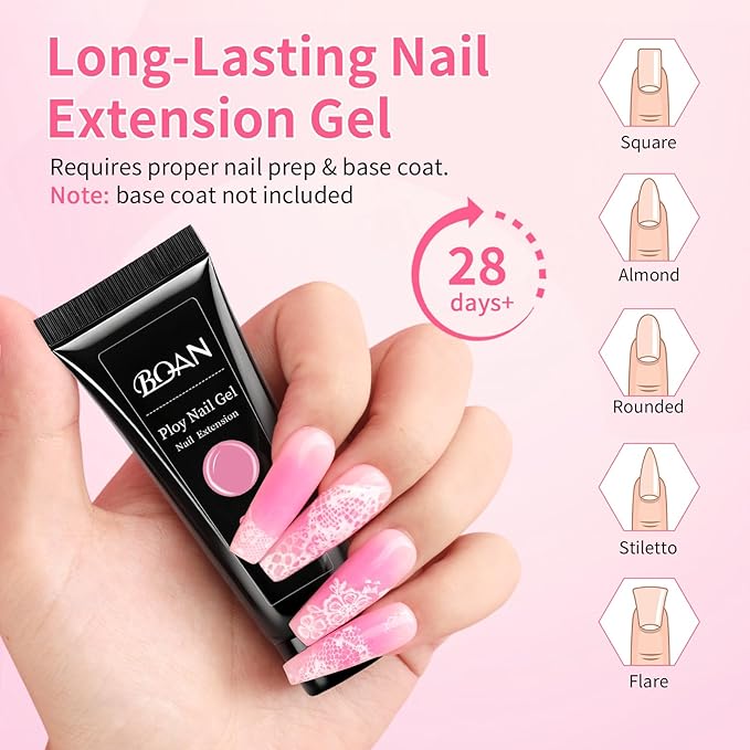 BQAN Poly Nail Gel Kit,3 Colors Poly Extension Gel With Dual Forms Builder Extension for Nail Tech DIY at Home Manicure Set (Pink&Nude)