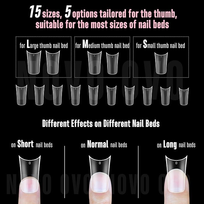 NOVO OVO Halloween Extra Thick Duck Feet Nail Tips Full Cover for Press on Acrylic with Moon Curve, Medim Long Clear Pre-Etched Matte Flare Wide French Soft Gel False Nail Extension x 15 Sizes 150 pcs