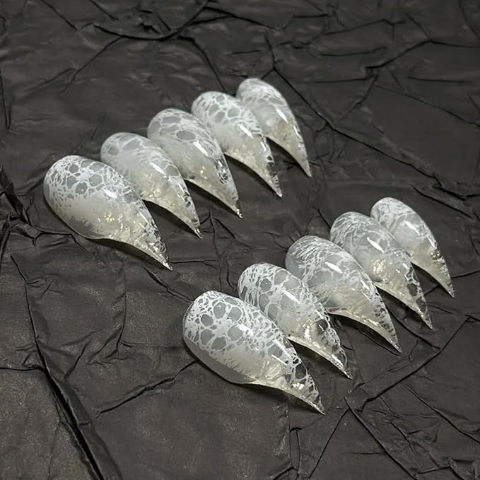 White Ripples Stiletto Press on Nails with Glue Glossy Extra Short False Nails Hand-Painted Designs Handmade Eagle Dragon Cat Claw Unique Reusable Fake Nails
