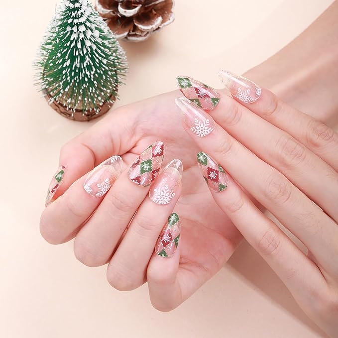 6 Sheets Christmas Nail Wraps Full Stickers Nail Polish Strips, Cute Grid DIY Self-Adhesive Glitter Nail Art Decals Snowflake Xmas Tree Red Green Party Decor with 1 Pcs Nail Files (128 Pieces)