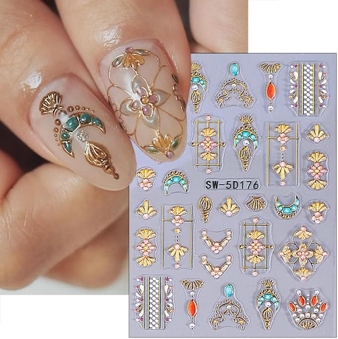 2 Sheets Bohemian Style Nail Decals Embossed Star Nail Art Stickers 5D Self-Adhesive Sun Moon Nail Stickers Bohemia Nail Designs Decals Stars Nail Decoration for Women Girls Nail Art Supplies