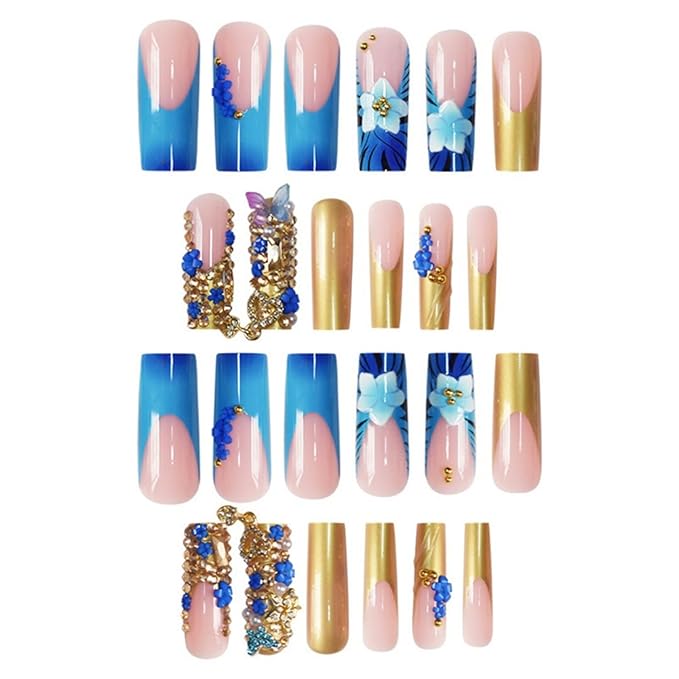 Long Square Press on Nails Fake Nails Artificial Nail Stick on Nail for Women Blue Flower and Butterfly Design with 3D Gold Diamonds and Pearl Accents on Light Pink Base