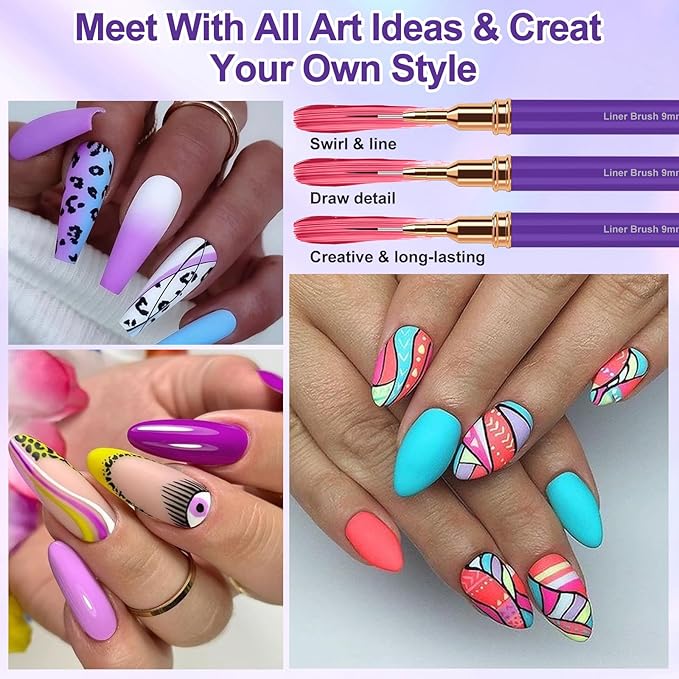Nail Art Liner Brushes, 5Pcs Liner Brush For Nails, Painting Nail Art Brush Set Dotting Drawing Tool for Long Lines, Thin Details, UV Gel Polish Painting, Fine Drawing 7/9/11/15/25mm(Purple)