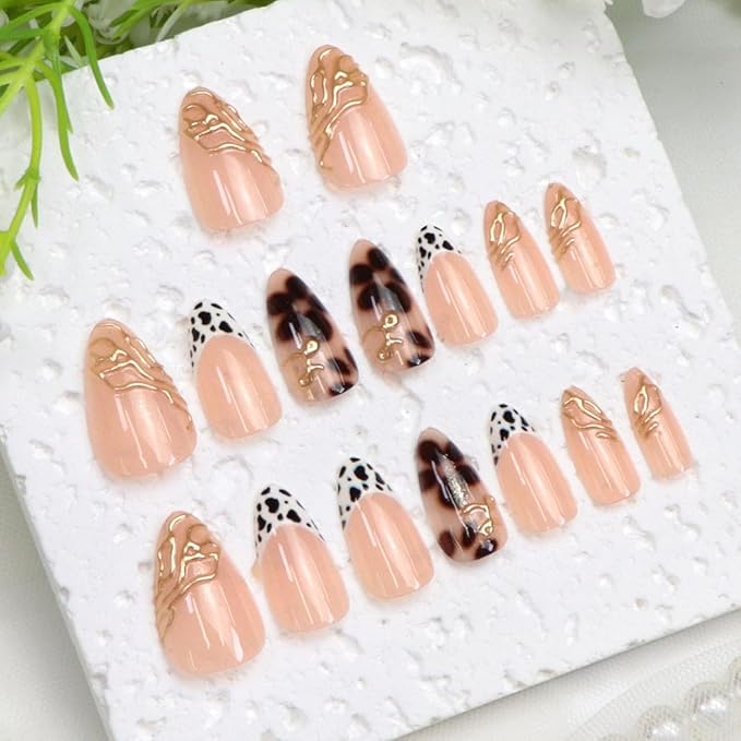 Short Press on Nails Almond Fake Nails with Chrome Leopard Flower Designs French Tip Nails Press ons Glossy Glue on Nail Brown White Gold Acrylic Nail Fall Stick on Nail for Women 24 Pcs