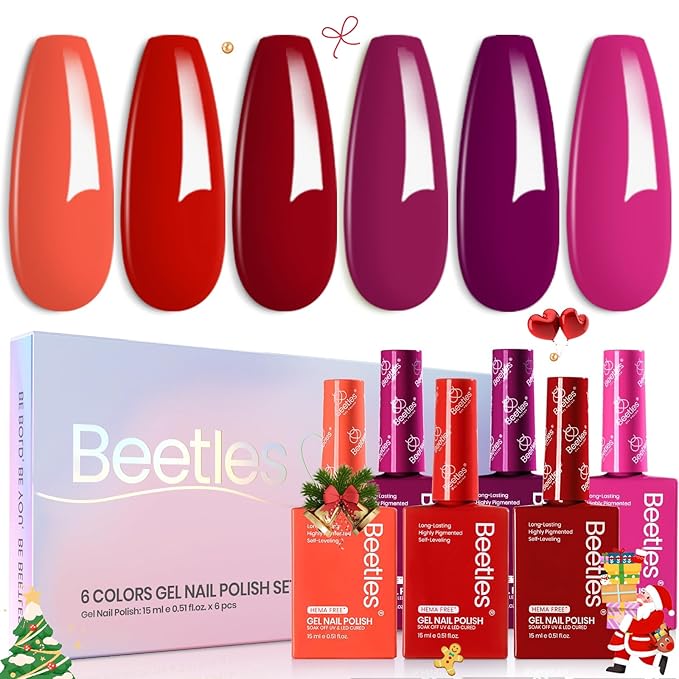 Beetles Gel Nail Polish Set - 6 Colors Hema-Free 15ML Full Size Baby Blue Purple Kit Wisteria with Red Winter 6 Burgundy Orange Pink 15ML