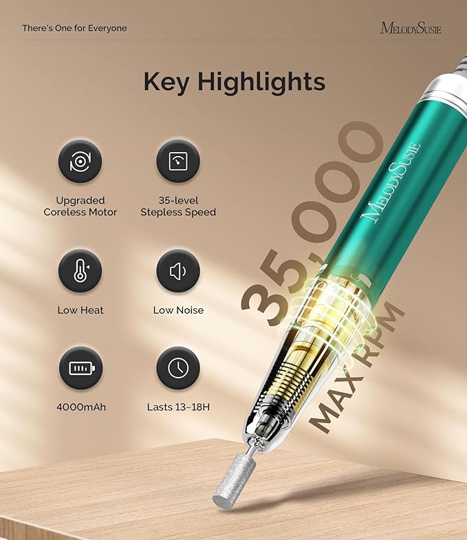 MelodySusie Professional Clip-On High-Efficiency Nail Drill, MM400C 35000RPM Rechargeable Electric File with Lightweight Handpiece for All Manicure Shaping, Polishing, Gel Removal & Salon Use