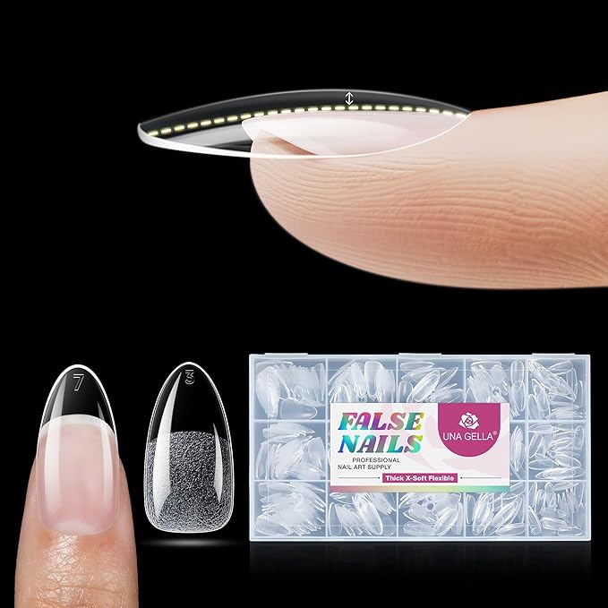 UNA GELLA Almond Nail Tips X-Soft Thicker Flexible Gel Nail Tips 330PCS Pre-etched Nails Tips Almond Shape Press on 15 Sizes Full Cover A lmond Fake Nails Strength Clear Nail Extensions DIY Salon
