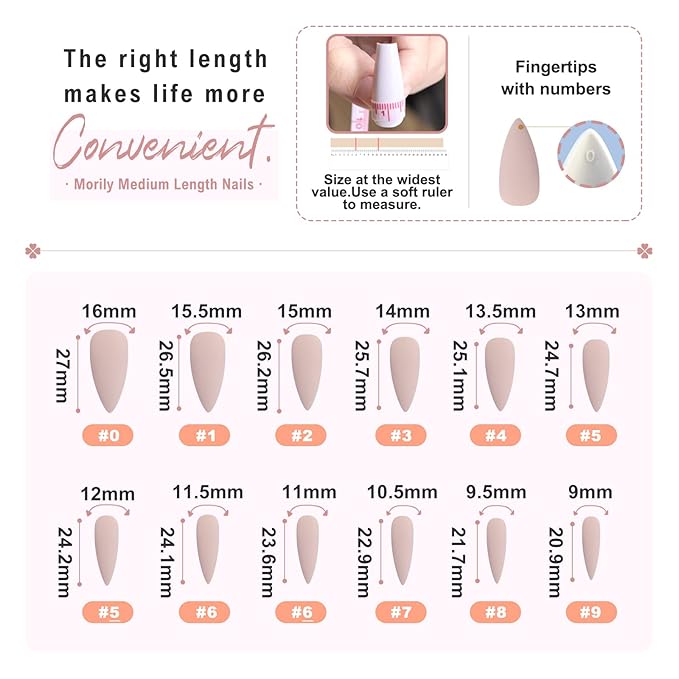 Morily 24pcs Fake Nails Matte Pure Color Medium Long Stiletto Almond Press on Nail False Tips Artificial Finger Manicure for Women (Nude)