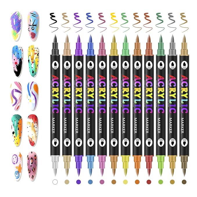 DualTip Nail Art Marker Set Water Based Acrylic Paint Pens with Precision Tips for DIY Nail Design Graffiti Dotting Quick Dry Easy Use Tools Manicures Ladies and Girls Thick Pen Tips 24 Colors 12 Pcs