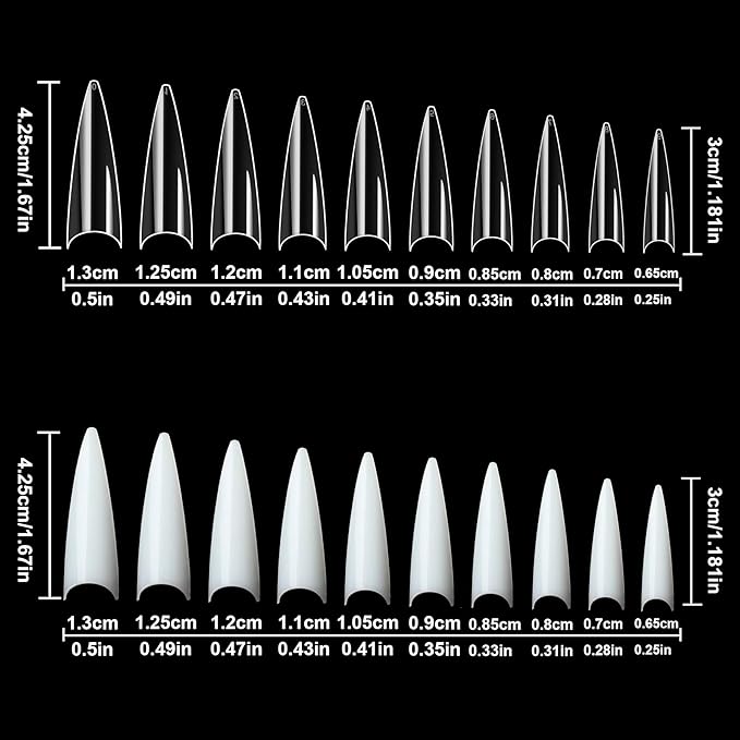 FEBSNOW 1000PCS Long Stiletto Nail Tips Acrylic Nails Artificial Half False Flake Nail Tips 10sizes with Clear Plastic Cases for Nail Salon Nail Shop Diy Nail Art Ballerina Nails (Clear+Natural)