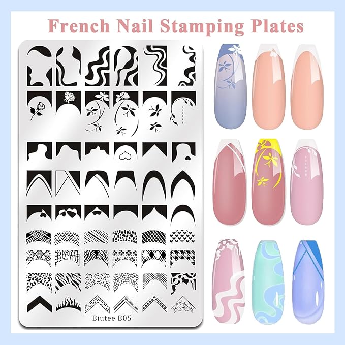 Biutee Nail Stamping Plates Set 2 PCS Large Plate 110 Patterns Nail Art Stamper Scraper Nail Stamp Template Kit French Line Lace Flower Design Masnicure Plates