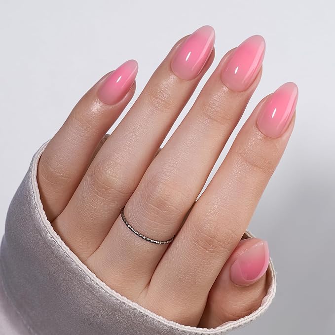 VSALON Almond Short Press On Nails, Sakura Pink Aura Light Curable Sheer Jelly Finish False Nails, Reusable Gel Glue on Nails Kit with Glue - 32 pcs in 16 Sizes