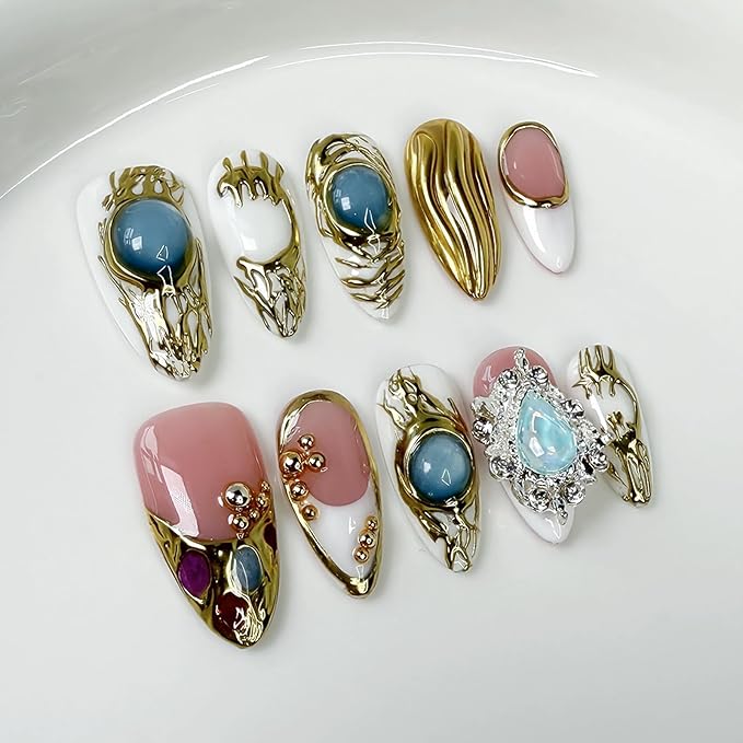 Handmade Press on Nails Almond Fake Nails with 3D Rhinestones Designs False Nails Gold Embossed Acrylic Nails for Women DIY 10pcs